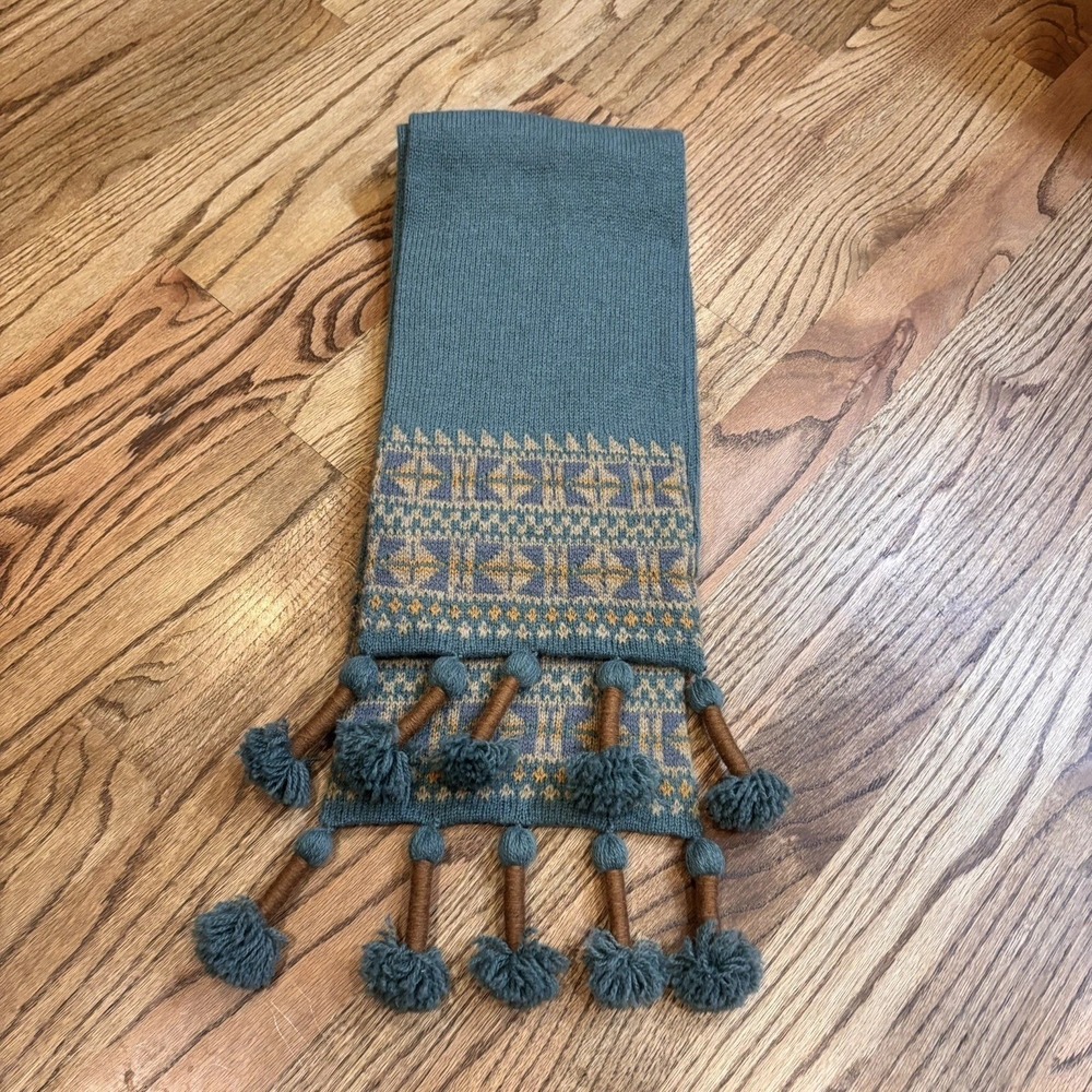 Hazel Simpson Shetland Hand Knitted Wool Scarf Pom Pom Fringe Fair Isle Scotland